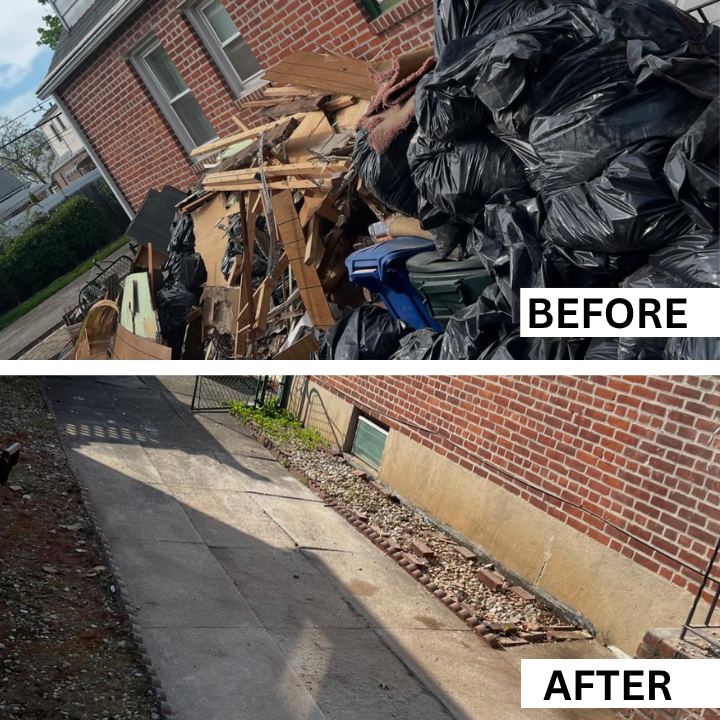 Backyard with bags of junk and wood before and clean concrete after junk removal