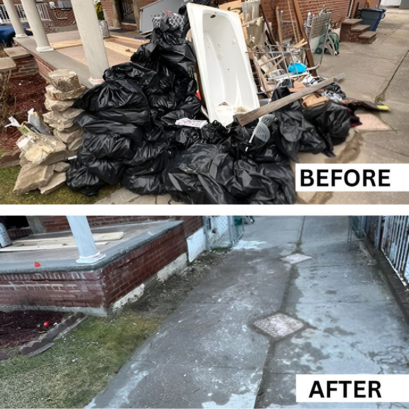 Old bathtub and bagged debris before removal and the cleared area after