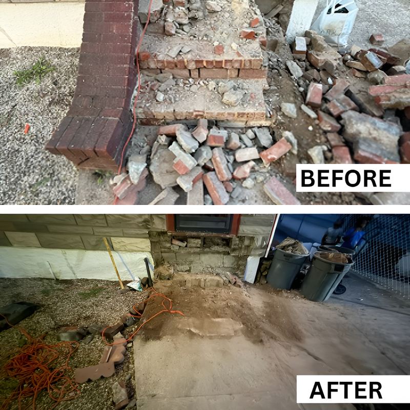 Brick rubble pile before and cleared area after