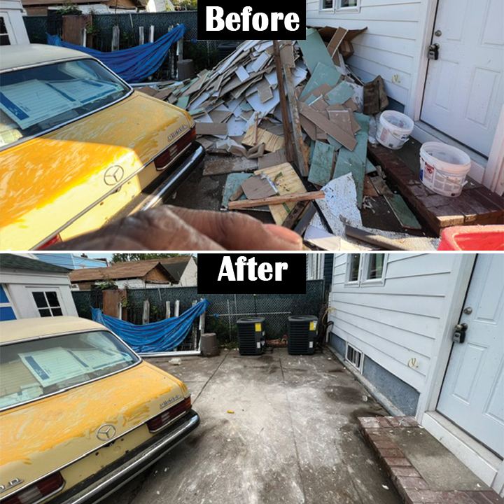 Driveway full of junk before and cleared after a JR Hauling clean out