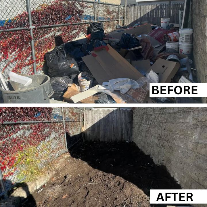 Junk along a fence before and cleared ground after