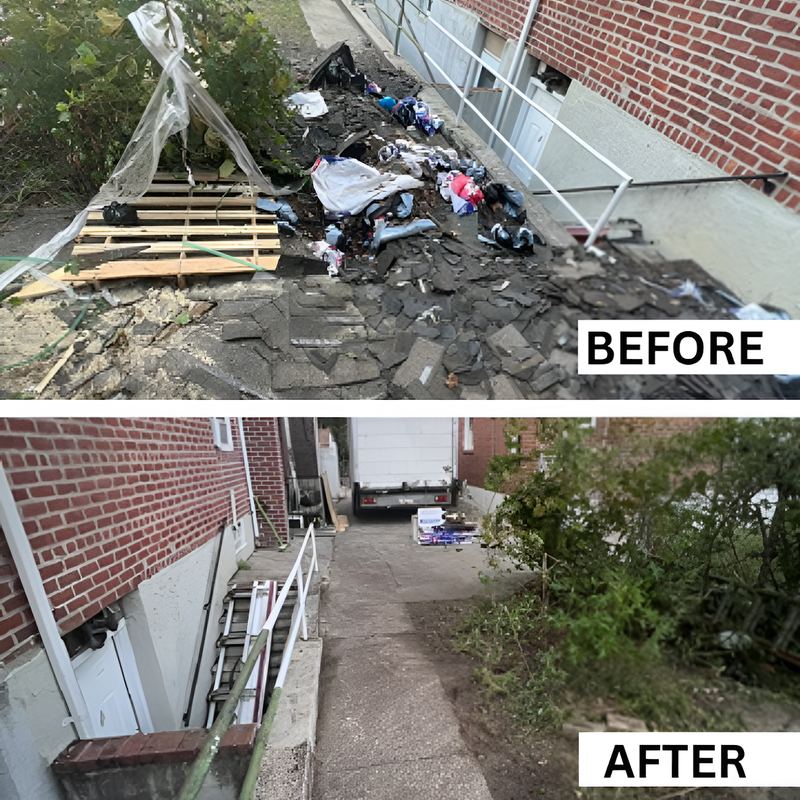 Side yard with pallets and junk before and clear path after