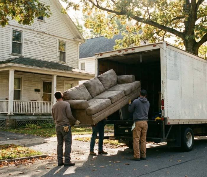 Two movers carrying an old sofa into a box truck for furniture removal