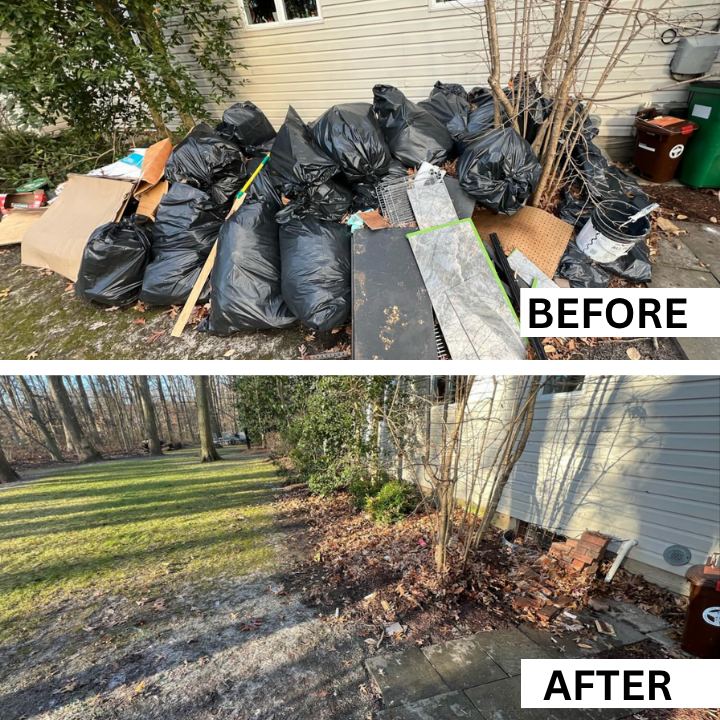 Backyard with bags of yard waste and debris before and the cleared yard after a fall clean up