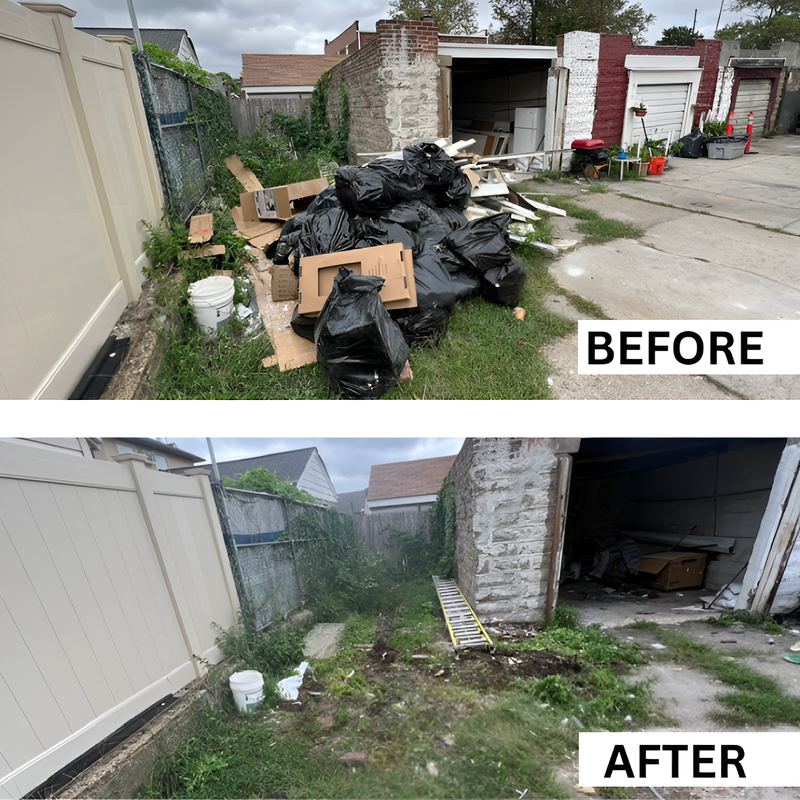 Backyard with bags and junk before and cleared grass after